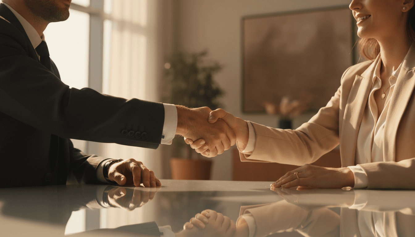Two professionals shaking hands in a luxury office setting