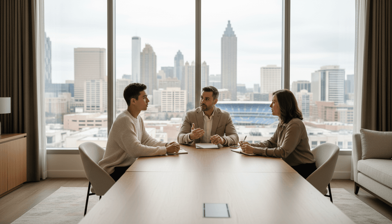 Professional team discussing strategy in a modern Atlanta office with elegant furnishings and city views