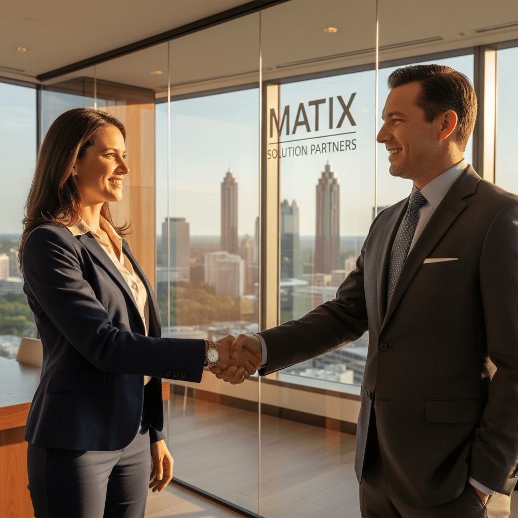 Professional handshake between two executives in a modern office with warm natural light and Atlanta skyline visible through windows