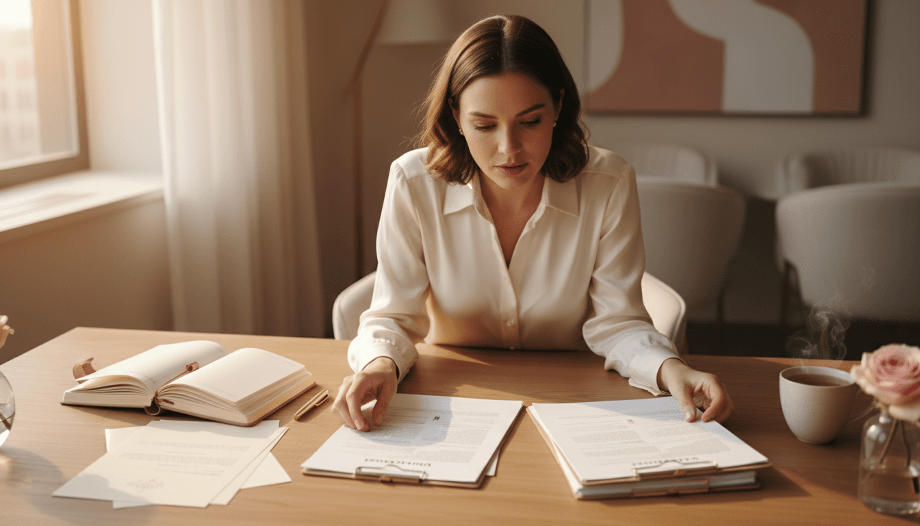 Professional reviewing candidate information with careful attention to detail