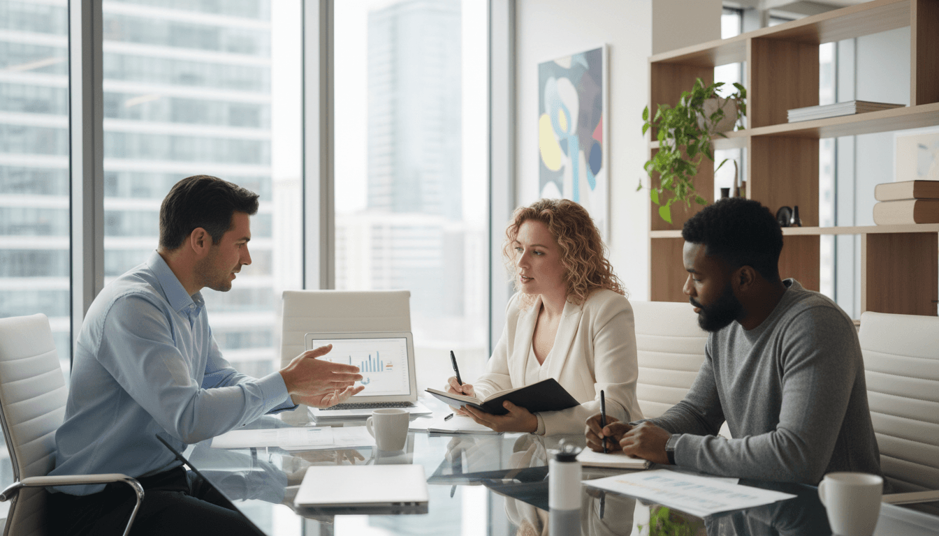 Two professionals collaborating in a modern conference room with natural light