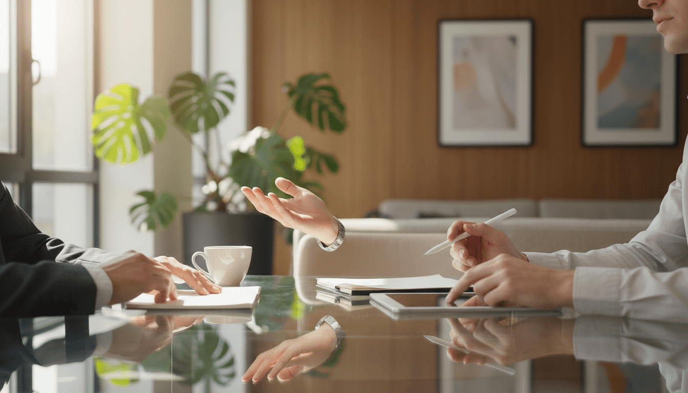 Two professionals engaged in thoughtful conversation in a modern office setting with warm natural light