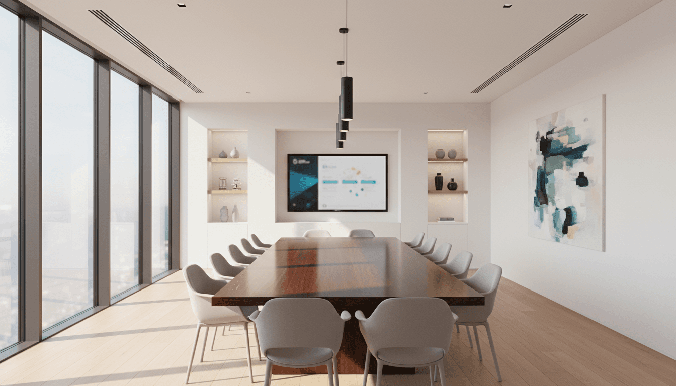 Two professionals discussing staffing solutions at a modern conference table with warm natural lighting