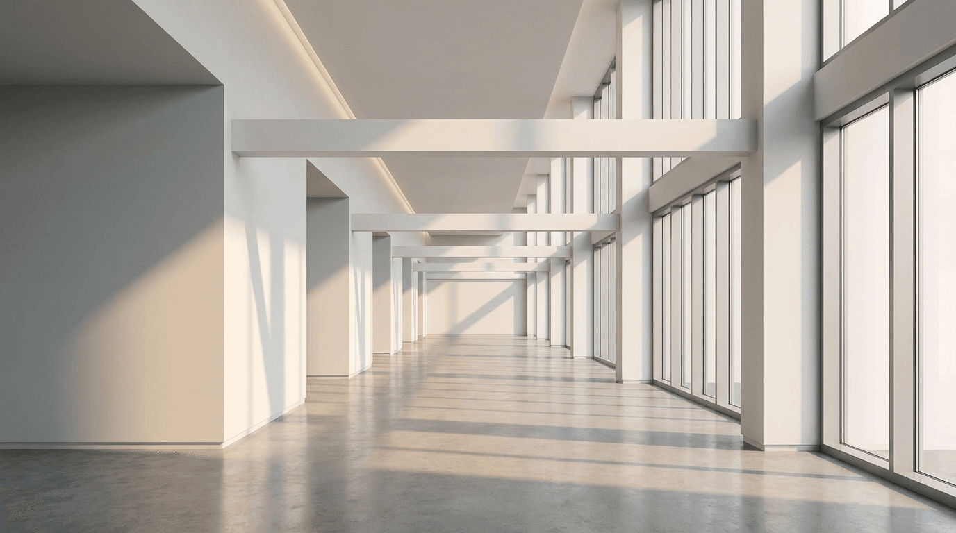 Modern minimalist corridor with natural light and geometric architecture, steady forward camera tracking.